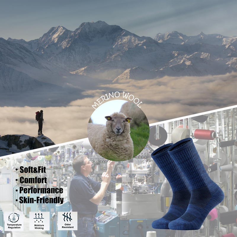 Ortis Men's Merino Wool Cushion Crew Socks with Moisture Wicking Control Light Weight Breathable for Outdoor Hiking Cycling(Blue L) - Image 4